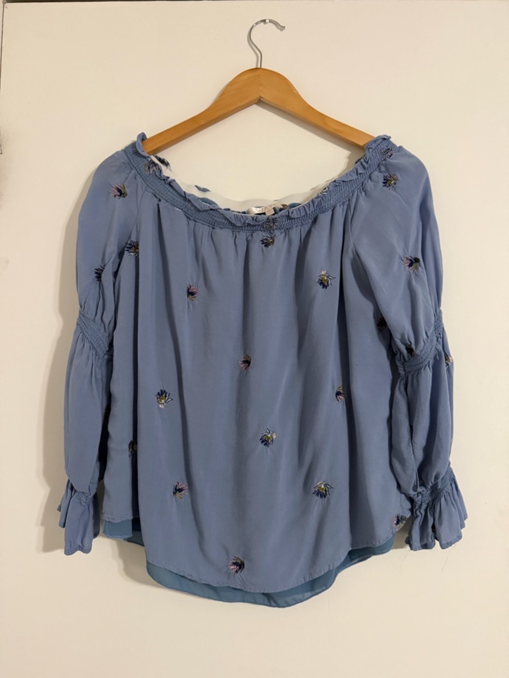Wayf Light Blue Off-Shoulder Embroidered Blouse Women’s Size Medium